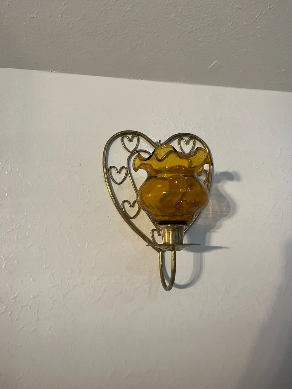 Home Interiors Amber Glass Heart Wall Sconces with Ruffled Shades